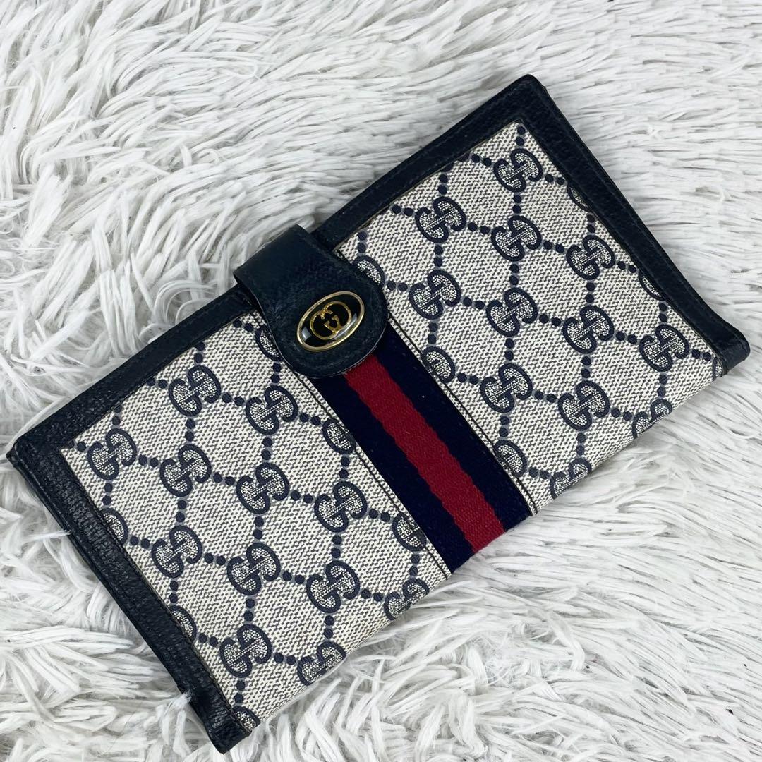 美品 OLD GUCCI PVC 長財布 シェリーライン インターロッキング 紺
