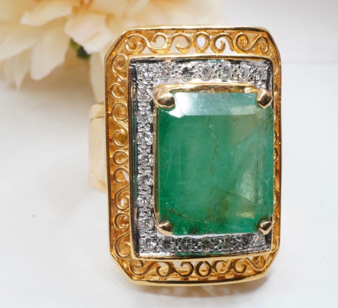 天然 エメラルド 8.52ct ダイヤモンド リング K18 750