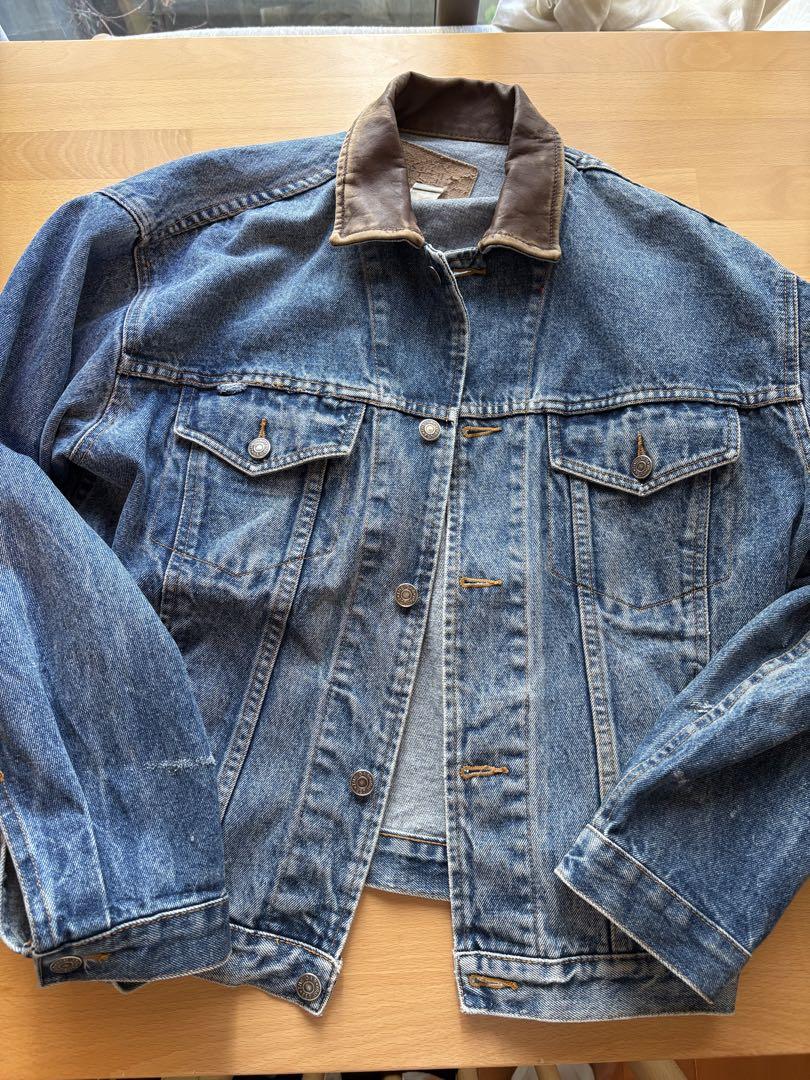 Y2K レザー切替　襟付きデニムジャケット　ジップアップデザイン　ポケット 80s OLD GAP レザー襟 短丈 デニムジャケット - メルカリ