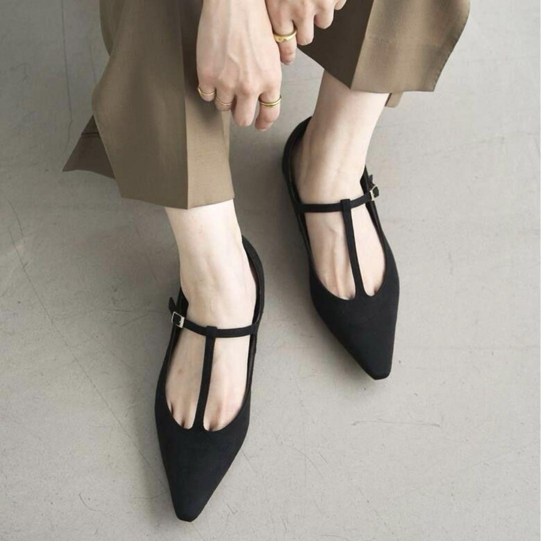 美品 LE TALON ルタロン Tストラップ ポインティドトゥ パンプス 黒