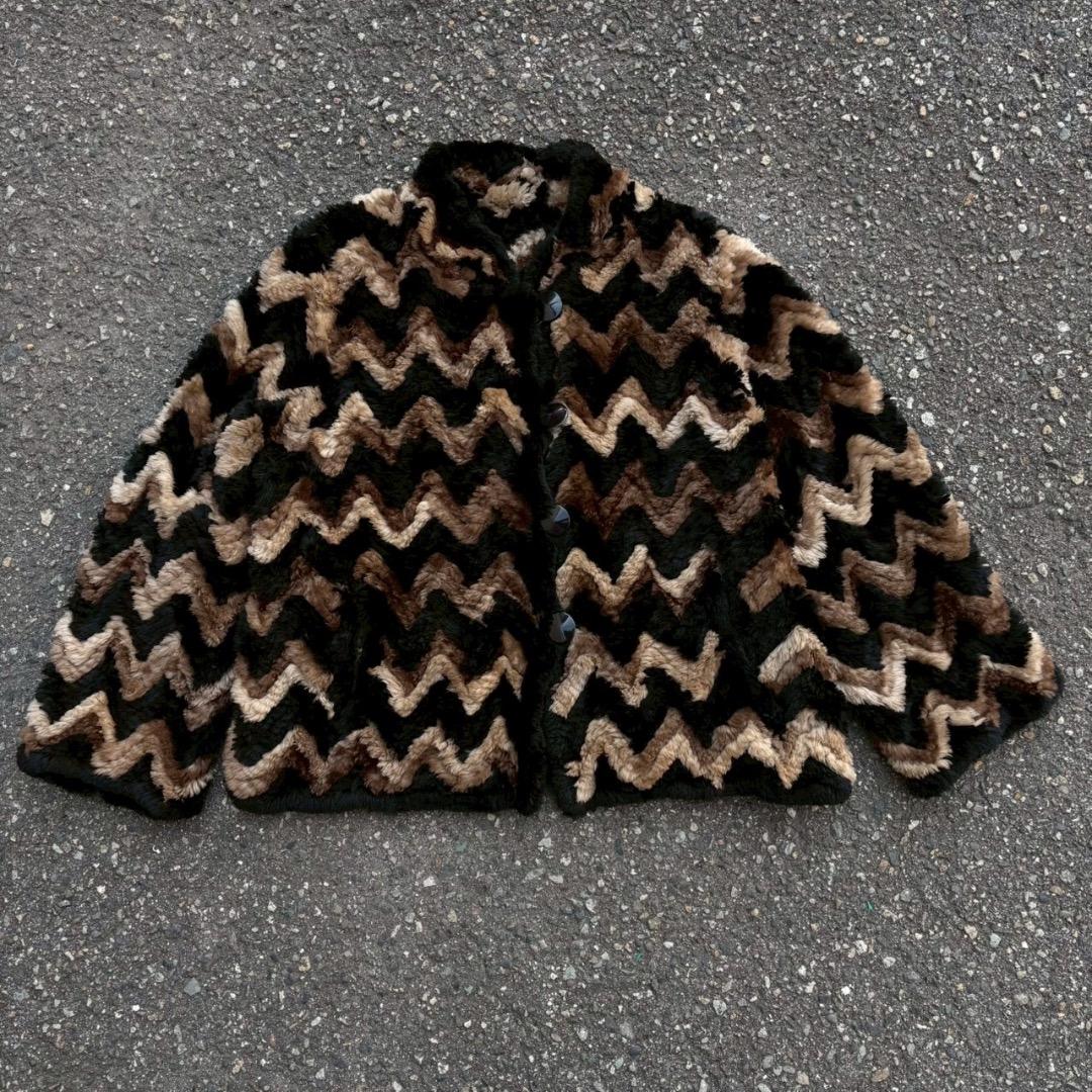 ビーバー毛皮 リアルファージャケット 古着 ジグザグ模様 グランジ ボックスL