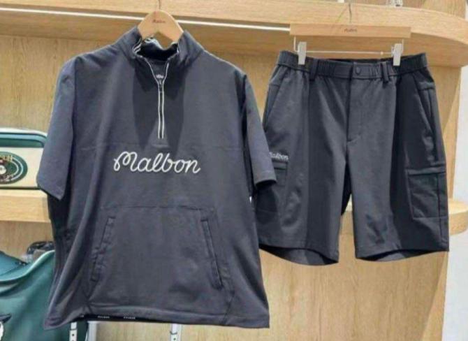 Malbon 半袖ダークグリーンシャツ ショートパンツ セットマルボンメンズ新作 MALBON ☆GOLFメンズ 半袖ブラック ポロシャツ ショートパンツ