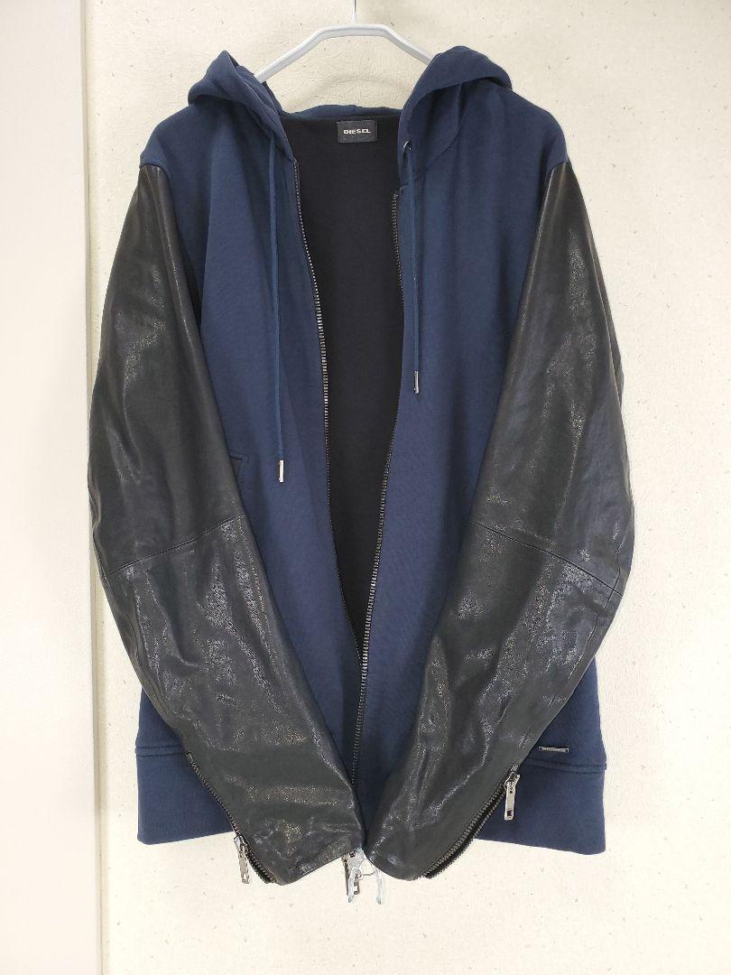 DIESEL ディーゼル 袖(羊革/ラムレザー) スウェットジップパーカー