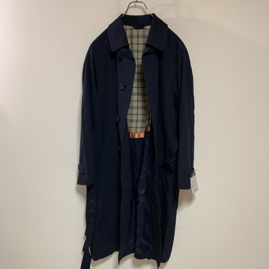 【美品】ステンカラーコート 未着用 毛 紺 シンプル チャック柄