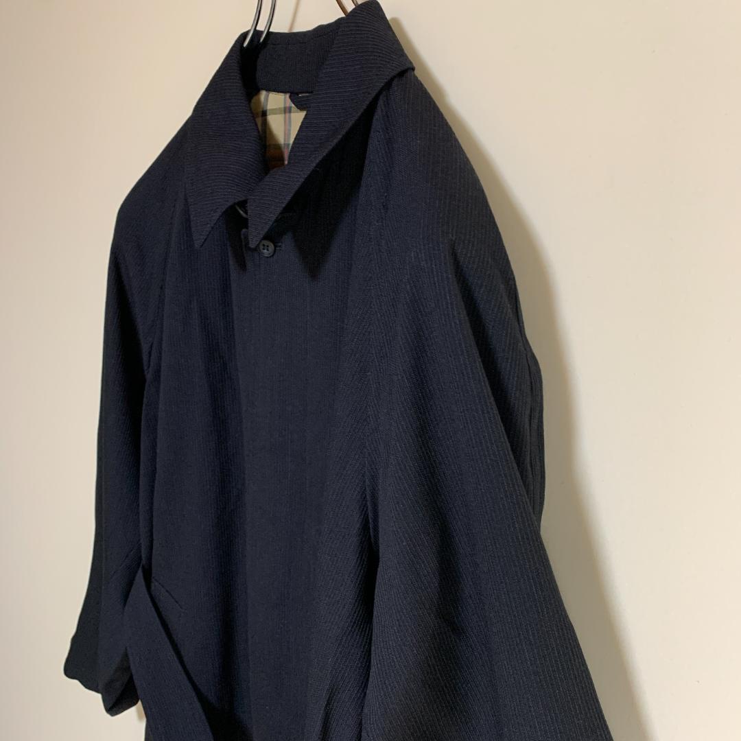 【美品】ステンカラーコート 未着用 毛 紺 シンプル チャック柄