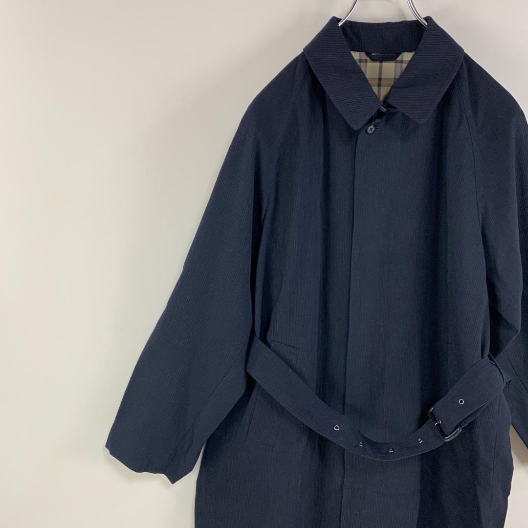 【美品】ステンカラーコート 未着用 毛 紺 シンプル チャック柄