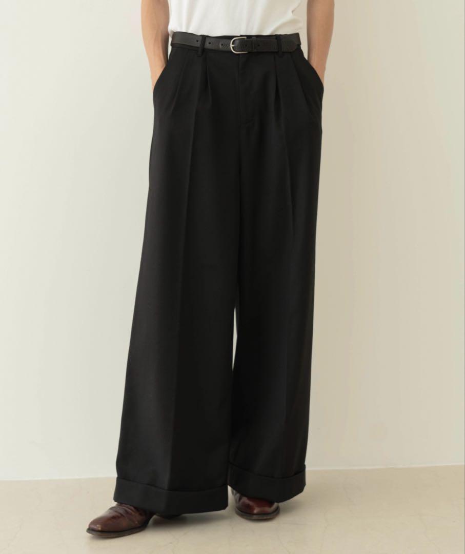 Camphor wood 2tuck wide baggy slacks 黒 S