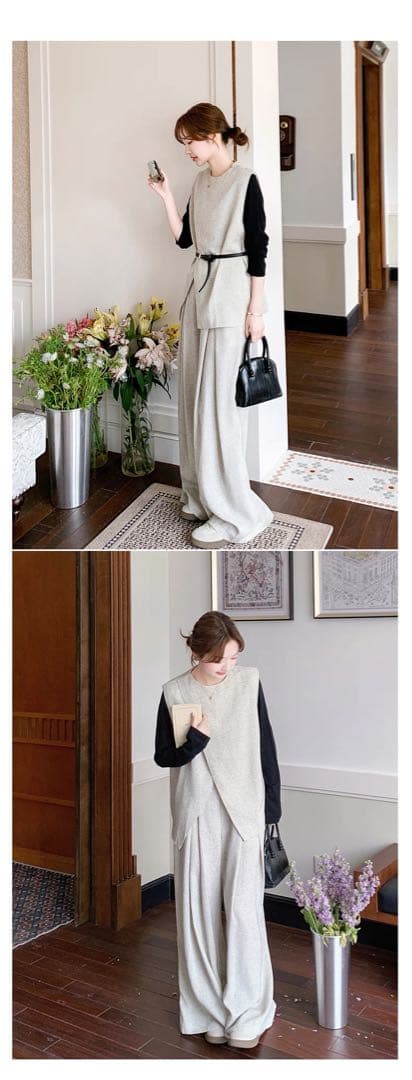 ライトグレー セットアップ ワイドパンツ ライトグレー セットアップ ワイドパンツ