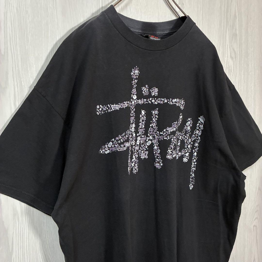 00s stussy 総柄 人気ロゴ tシャツ サーフマン 折れクラウン