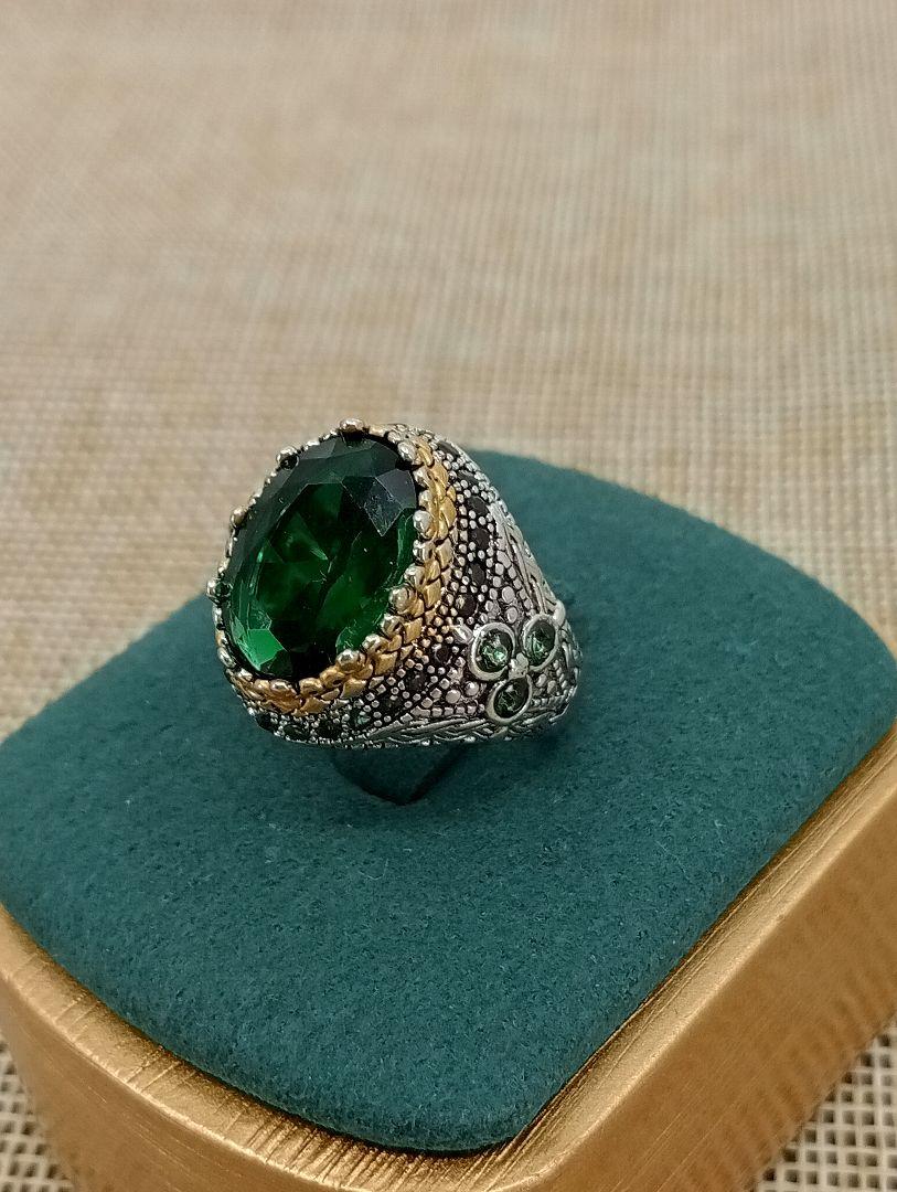 ヴィンテージ シルバー ゴールド ジルコニア リング 指輪 グリーン 15号