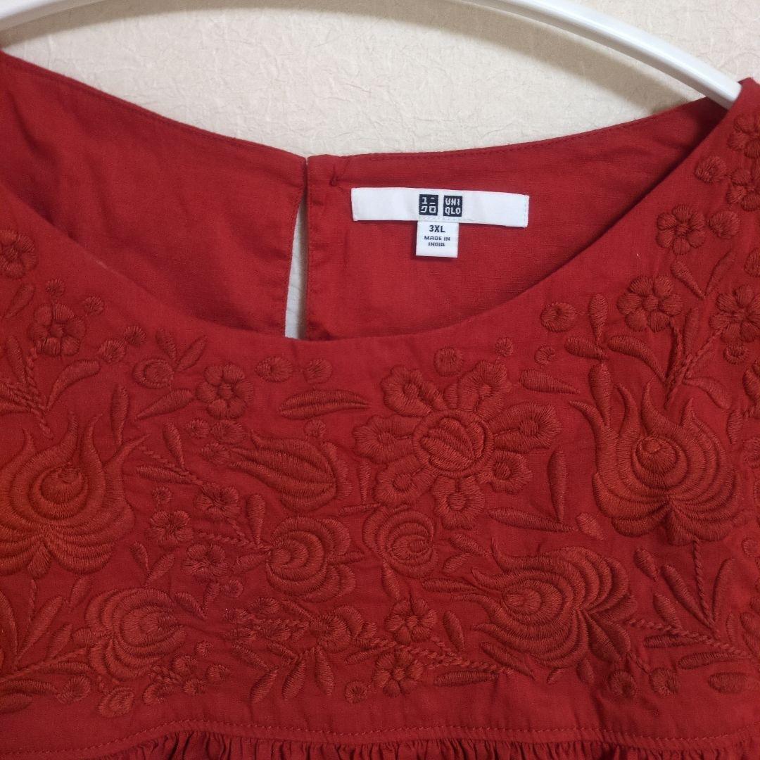刺繍入りレッドノースリーブチュニック 3XL UNIQLO 夏 赤 涼しい