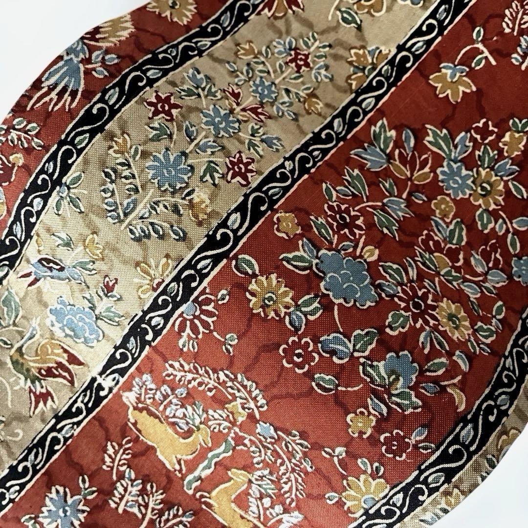 182半幅帯 小袋帯 正絹 茶色 ベージュ 型染め 鹿鳥花文様 浴衣 小紋 着物