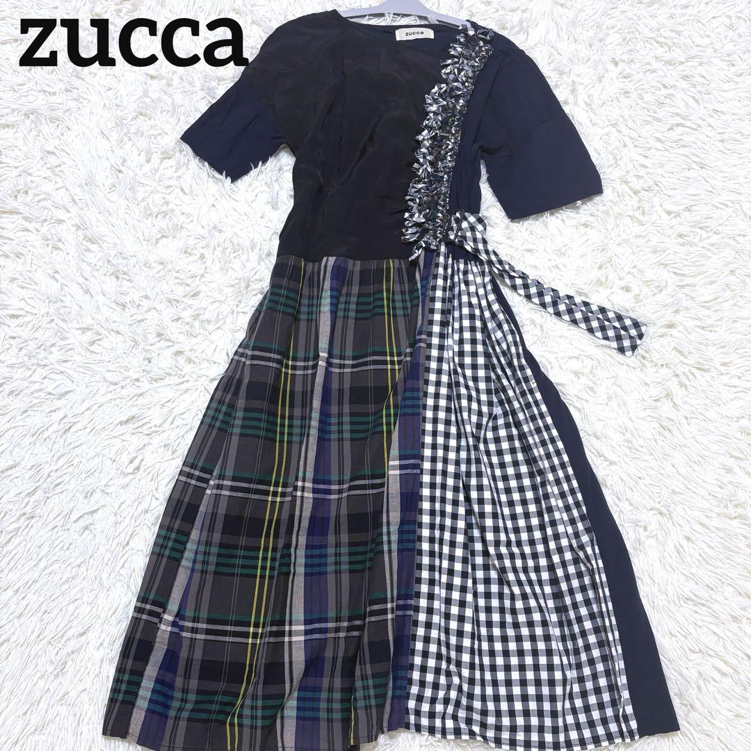 ZUCCA ズッカ　ロングワンピース　異素材　ギンガムチェック　ベルト リネン混