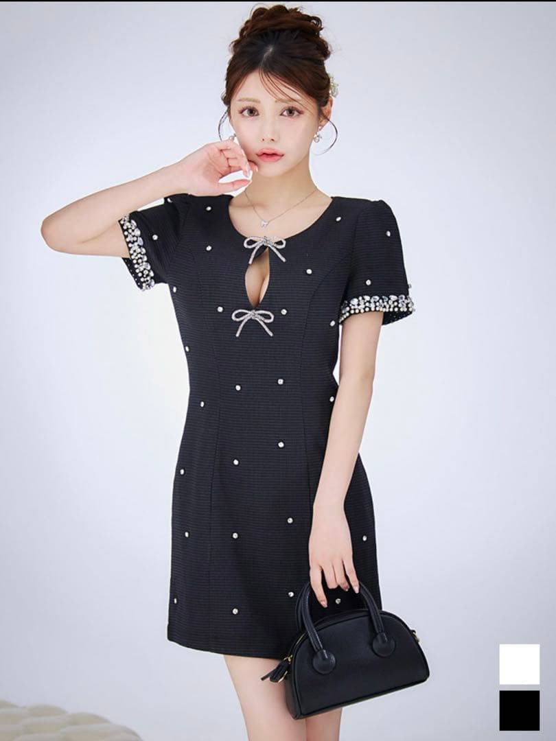 Jewels リボンビジュー半袖タイトミニドレス