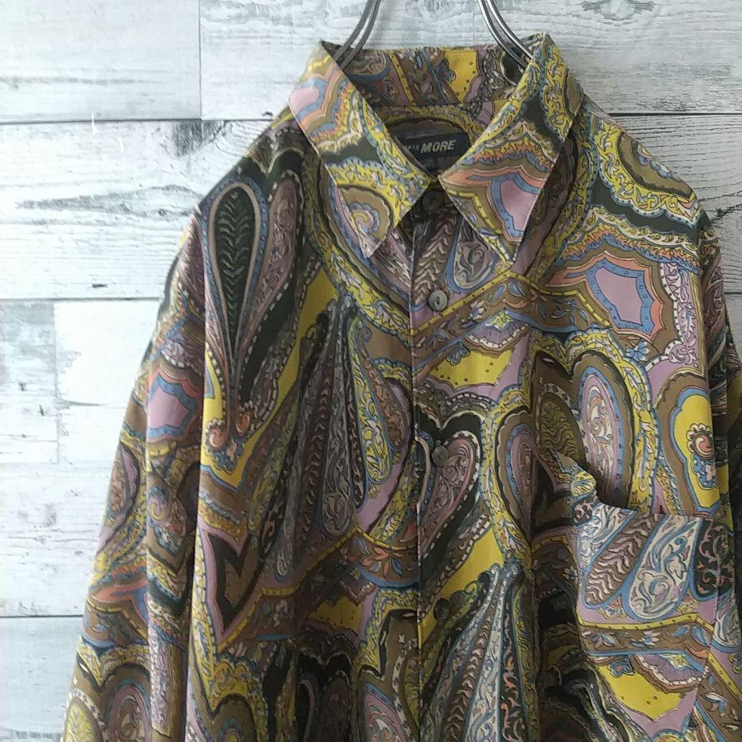 人気デザイン柄シャツ ペイズリー柄 レトロ ポリシャツ 長袖シャツ L