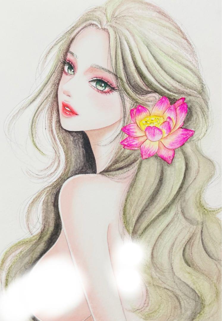 手描きイラスト 水彩原画 蓮と女の子166 アート・写真