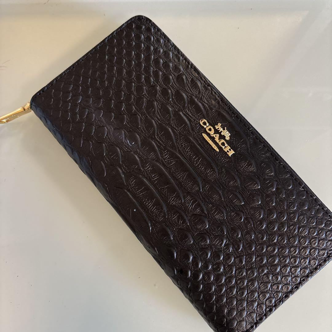 coach コーチ財布長財布 レディース メンズ兼用 黒 クロコ柄 レザー 美品