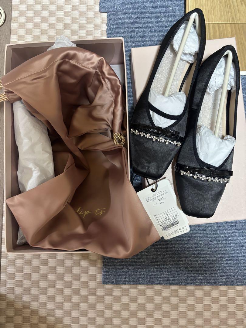 靴 Mary Jane Crystal Ribbon Satin Flats