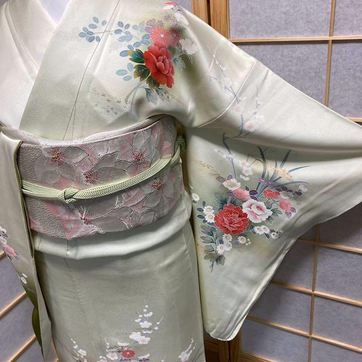 定番品質保証 4955 訪問着 美品 花車文様 牡丹 ぼかし染 友禅 しつけ付 正絹 着物 HBwWF-m89024944732 爆買い定番