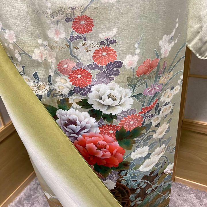 定番品質保証 4955 訪問着 美品 花車文様 牡丹 ぼかし染 友禅 しつけ付 正絹 着物 HBwWF-m89024944732 爆買い定番