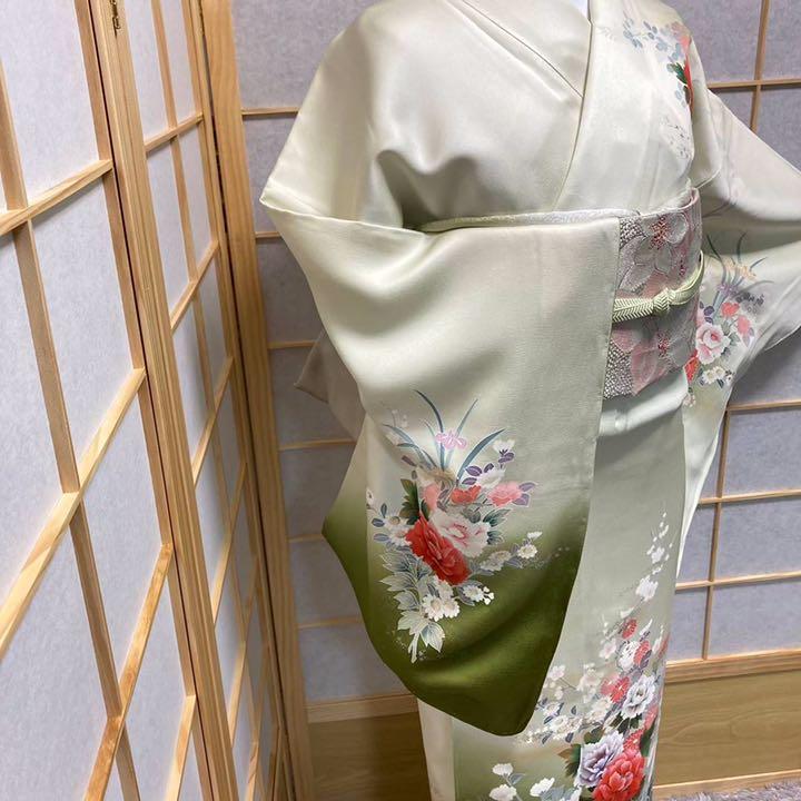定番品質保証 4955 訪問着 美品 花車文様 牡丹 ぼかし染 友禅 しつけ付 正絹 着物 HBwWF-m89024944732 爆買い定番
