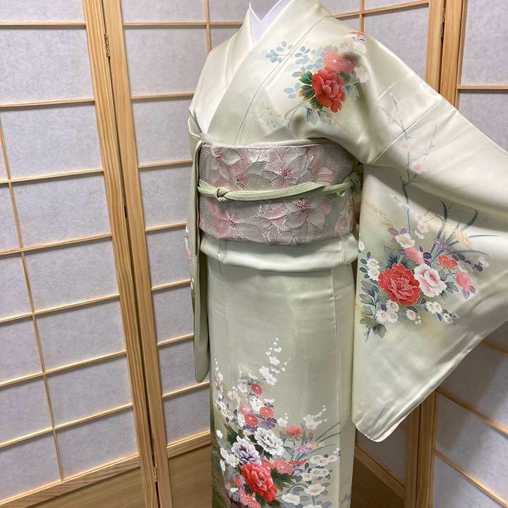 定番品質保証 4955 訪問着 美品 花車文様 牡丹 ぼかし染 友禅 しつけ付 正絹 着物 HBwWF-m89024944732 爆買い定番