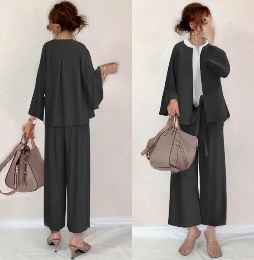 スーツ パンツスーツ レディース ワイドパンツ コート シャツ 3点セット 黒
