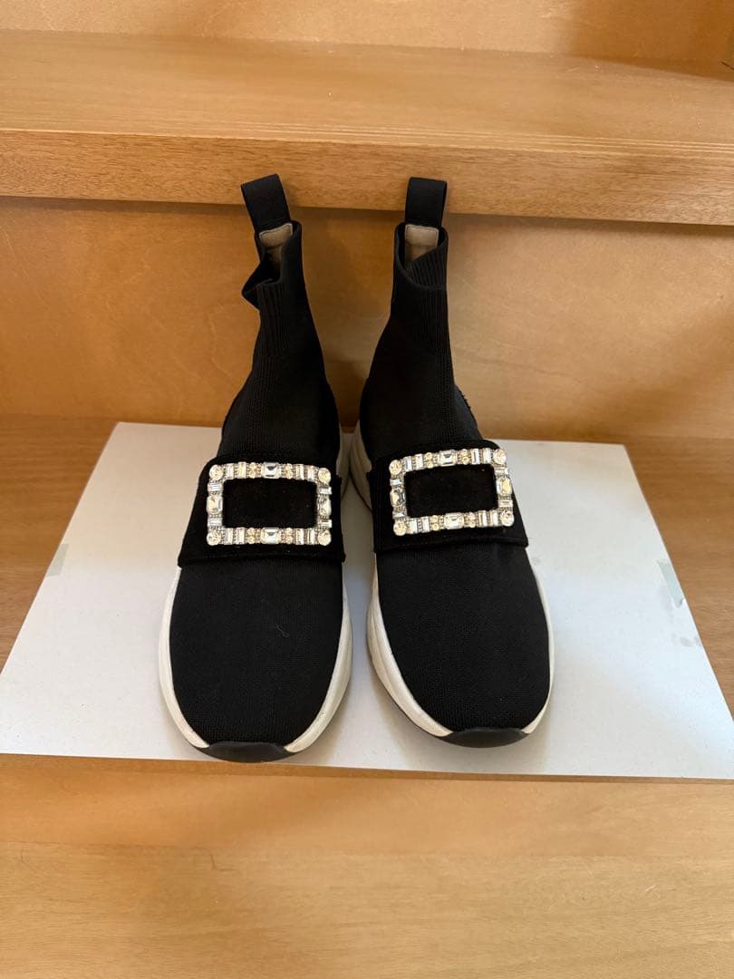 ダイアナビジュー付き黒ストレッチブーツ 24.5センチ24.5cm・DIANA