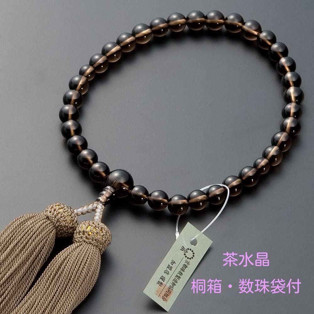 【桐箱・数珠袋付】京念珠　数珠　女性用　茶水晶（8mm玉）　正絹頭付房