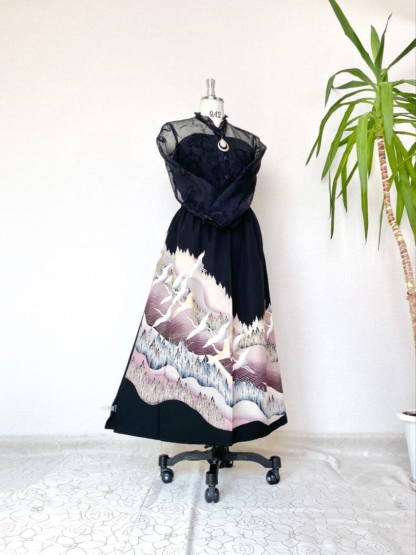 大人可愛いセレブ着物スカートフリーサイズ黒留袖着物リメイクロングスカート5625