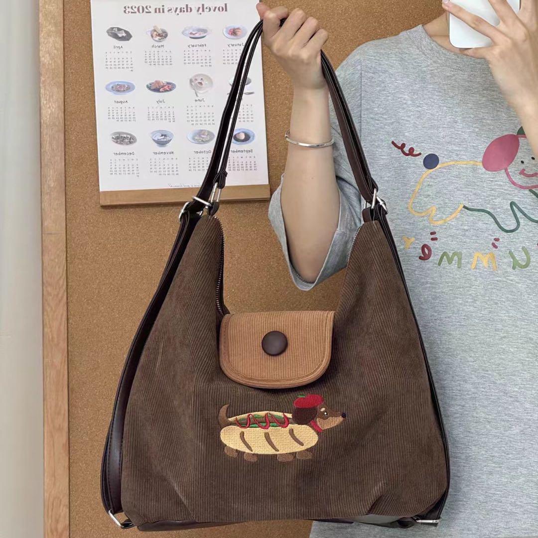ホットドッグ刺繍コーデュロイショルダーバッグ