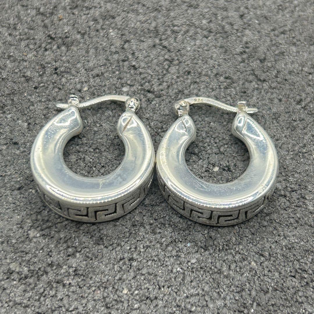 シルバー925 Silver 幾何学総柄フープピアス/軽研磨仕上げ/両耳