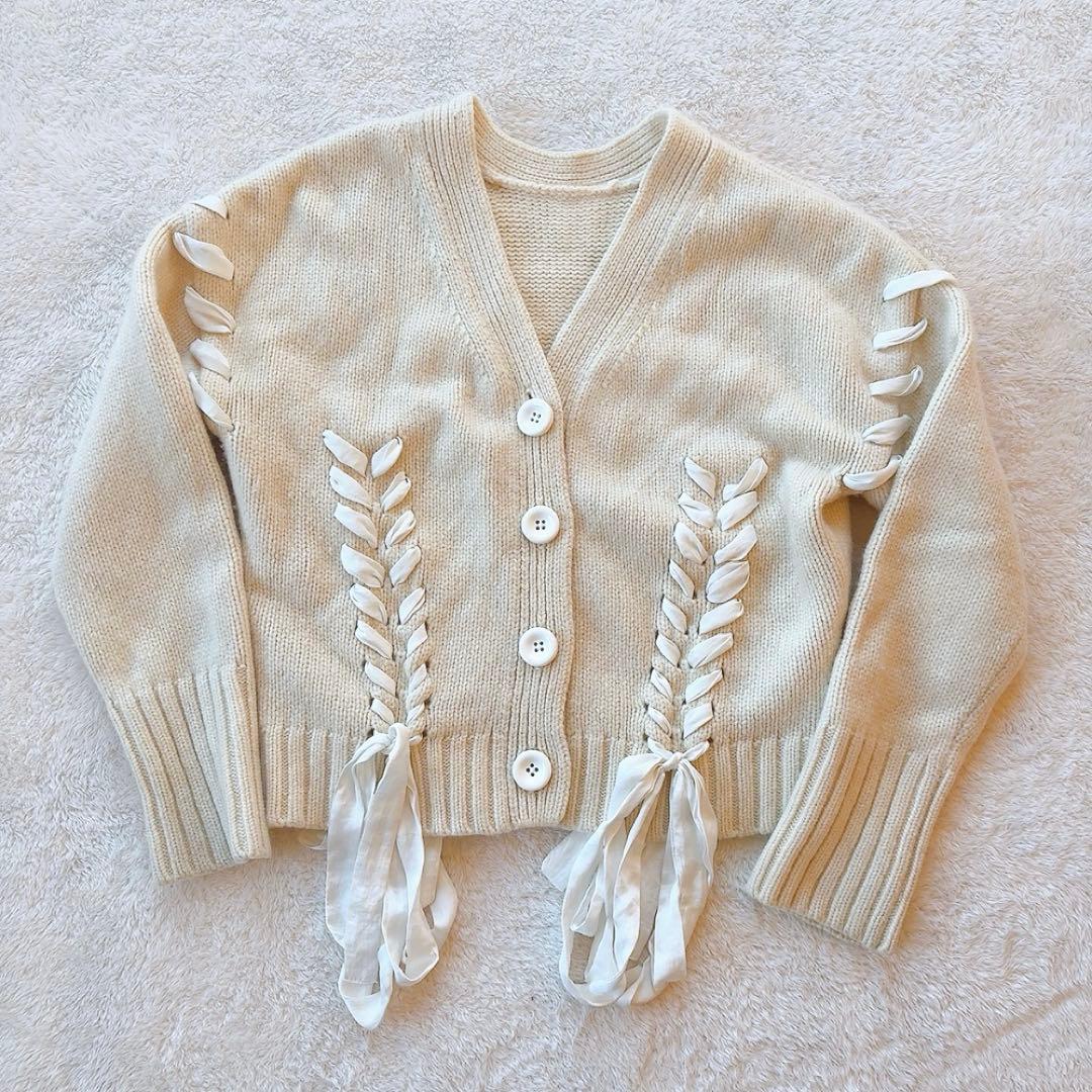 LE CIEL BLEU リブニット 長袖 レースアップ 36 S-M相当M・LE CIEL BLEU