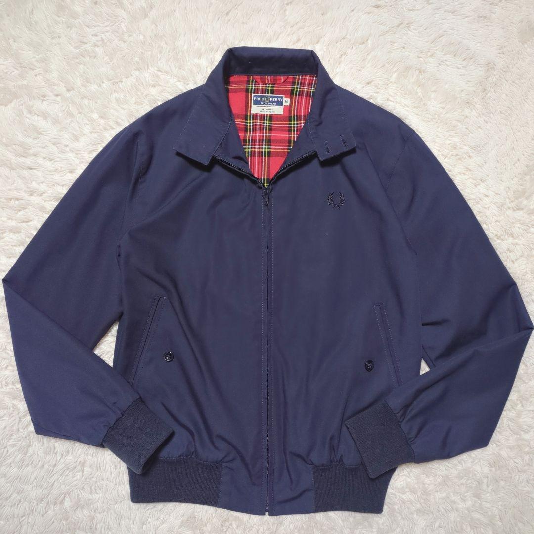 美品！FRED PERRY　ハリントンジャケット　紺×チェック　36　英国製 美品！FRED PERRY ハリントンジャケット 紺×チェック 36 英国製