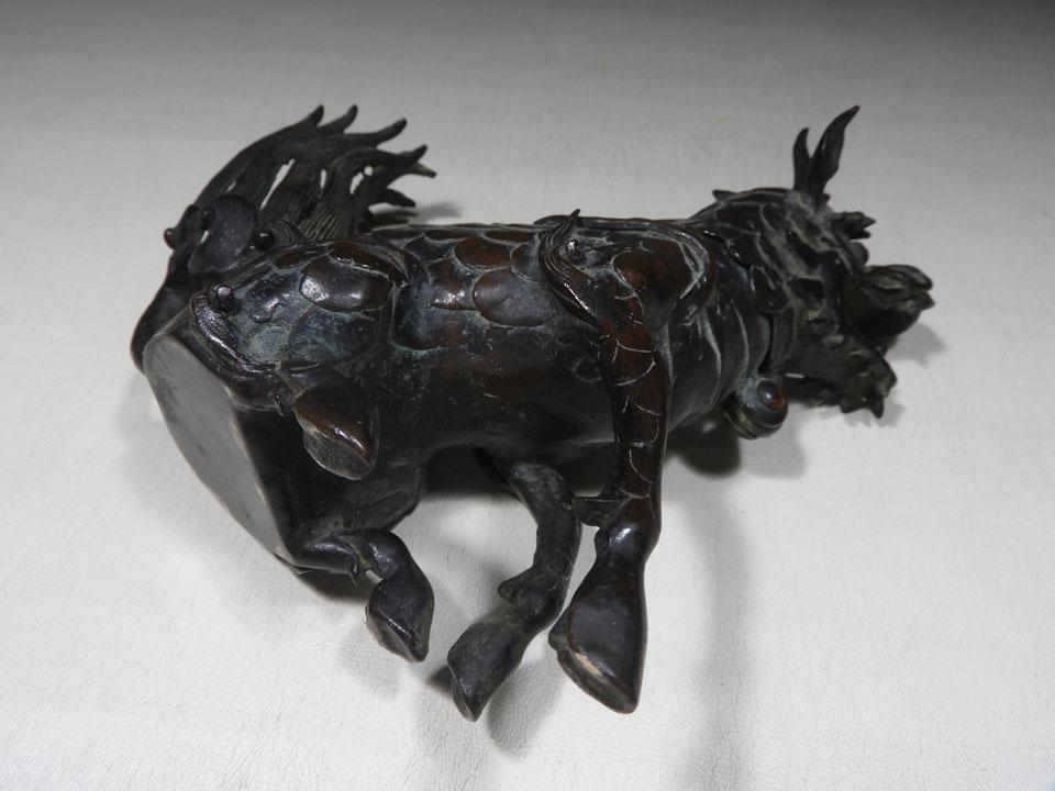 ○貴重 時代物 麒麟銅香炉 神獣 瑞獣 古銅 斑紫銅色 唐金 高さ