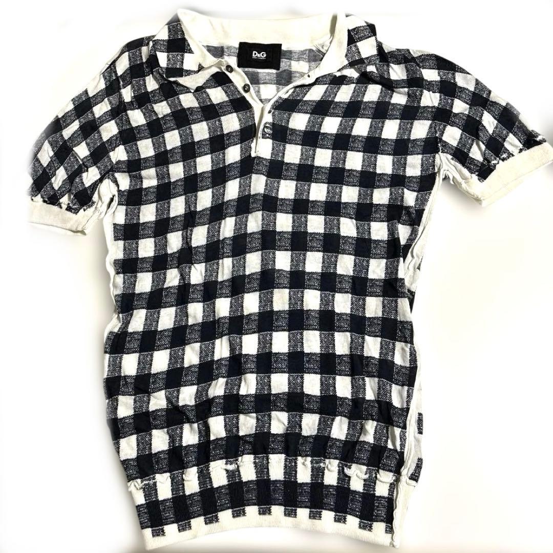 D G ネイビーとホワイト チェック ポロシャツM