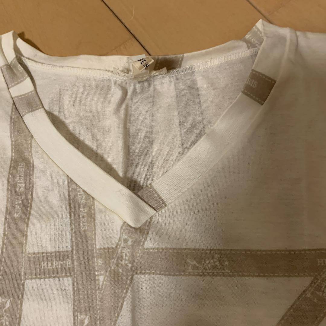HERMÈS リボン柄 カットソー／Tシャツ グレイッシュブルー XL HERMES リボンプリント Tシャツ グレージュリボン XLサイズ