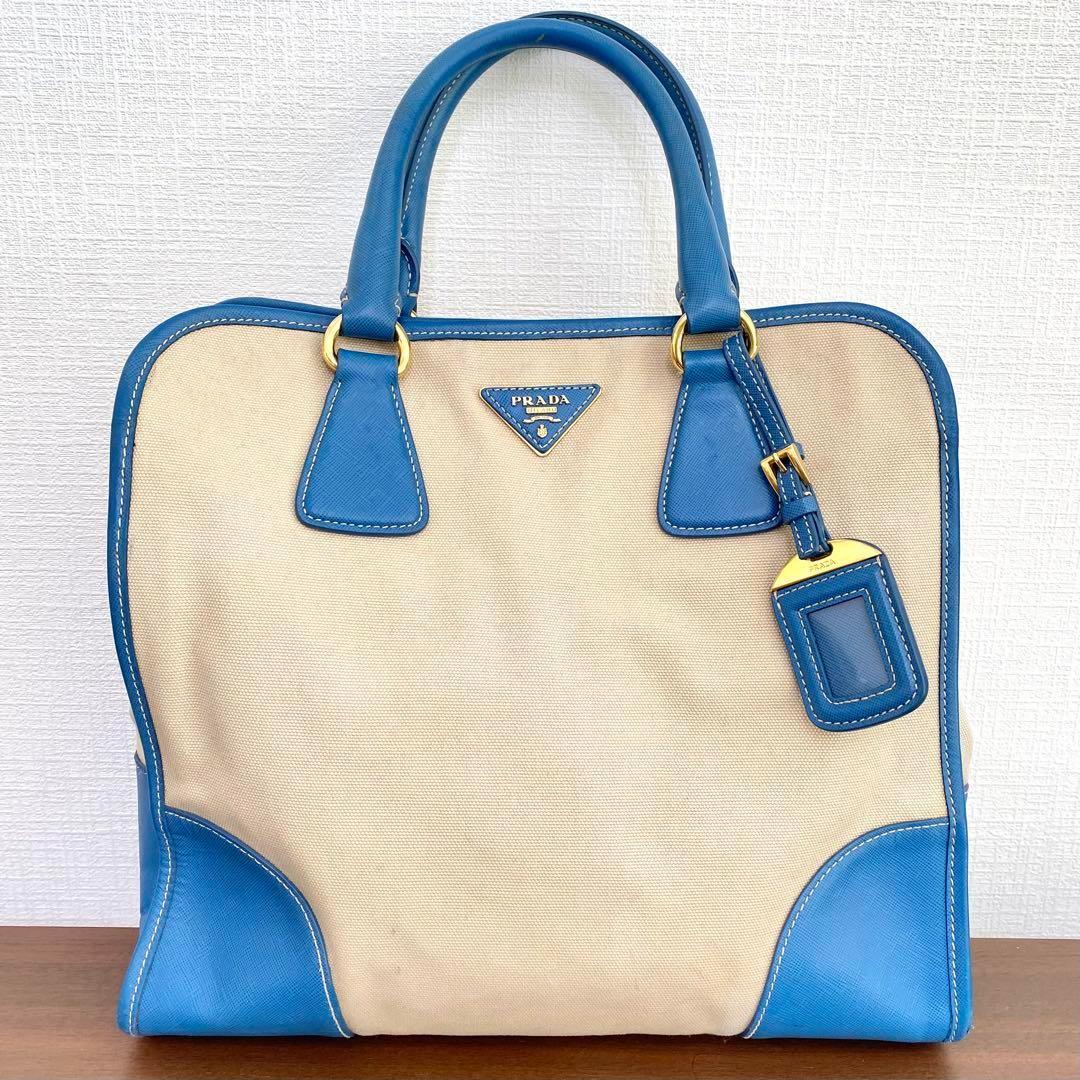 PRADA プラダ ハンドバッグ トートバッグ ブルー キャンバス レザー