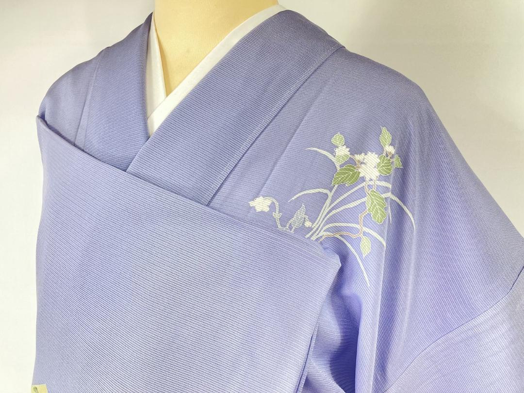 未使用【夏】手描き友禅 夏着物 絽 訪問着 花柄 正絹 青 紫 白