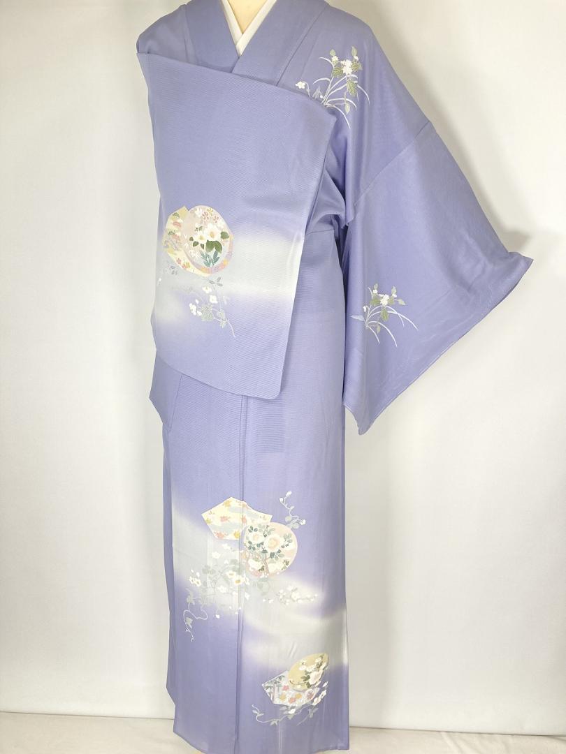 未使用【夏】手描き友禅 夏着物 絽 訪問着 花柄 正絹 青 紫 白 1343 未使用【夏】手描き友禅 夏着物 絽 訪問着 花柄 正絹 青 紫 白
