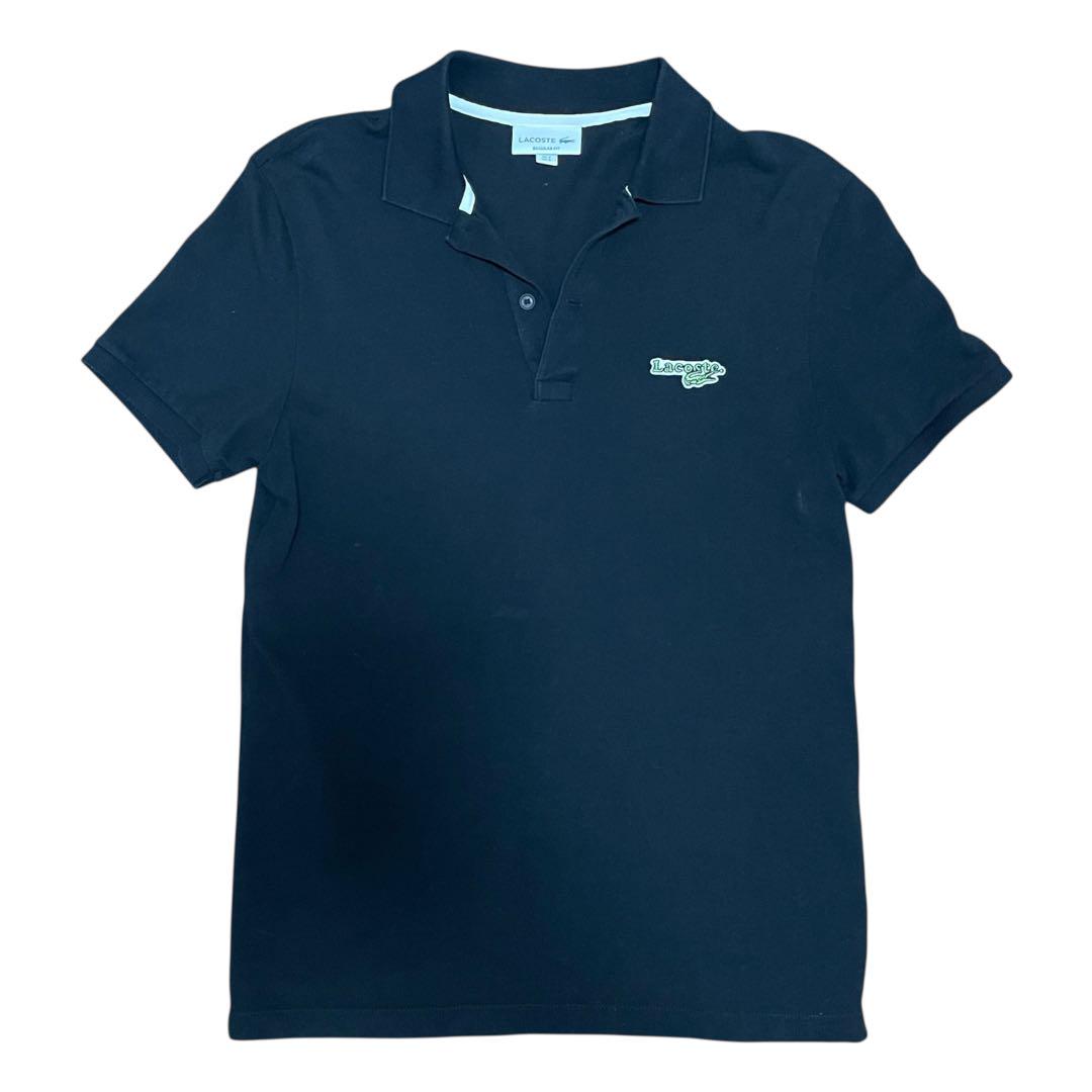【美品】LACOSTE 黒 ポロシャツ 半袖 ワニロゴ サイズ5 XL相当 LACOSTEラコステ半袖ポロシャツ2XLワニ刺繍ロゴマークオーバー