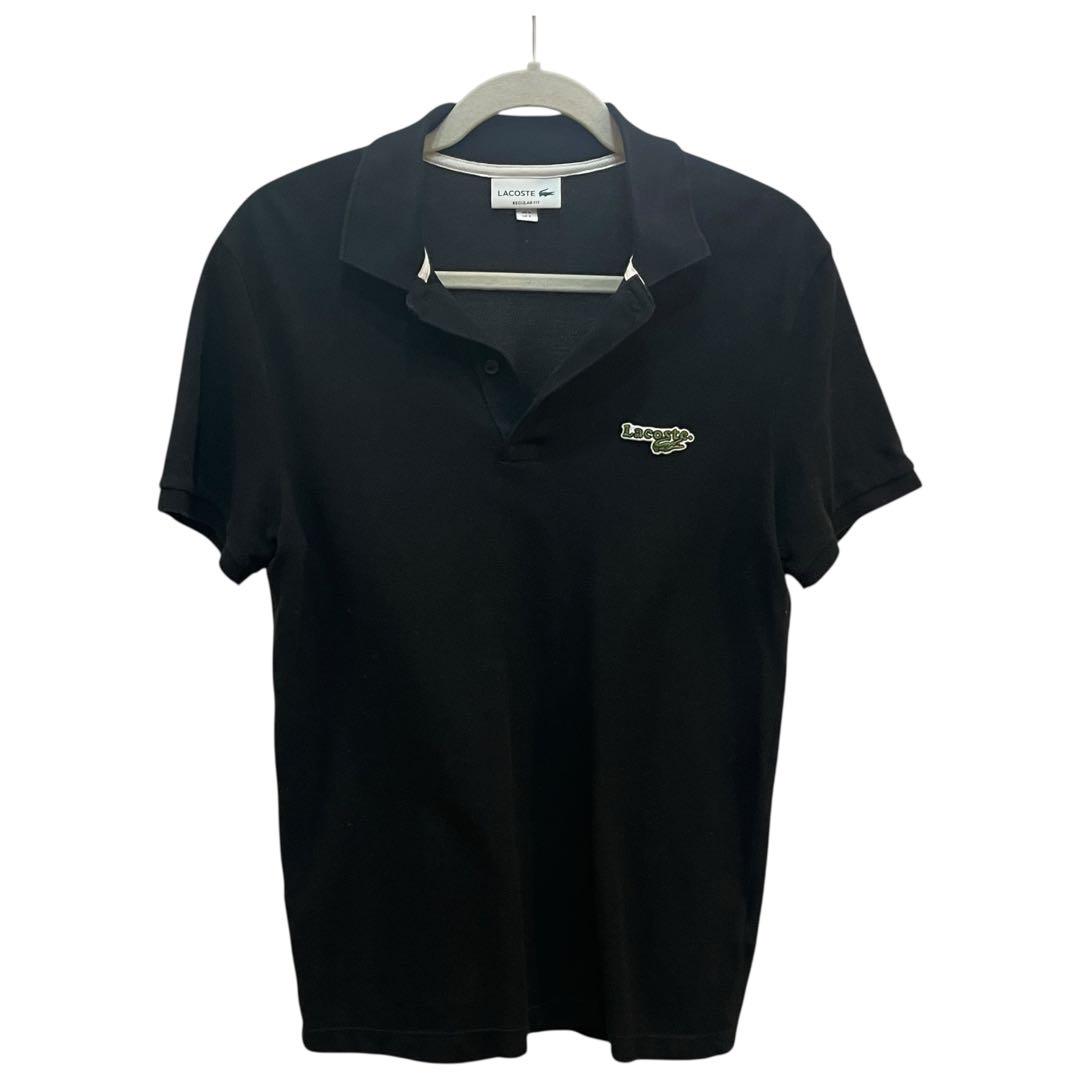 【☆極美品！使用1回☆】LACOSTE ラコステ 総ロゴ ポロシャツ M 美品 ラコステ ポロシャツ メンズ M ブラック ワニロゴ 刺繍