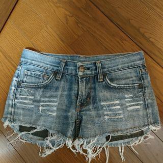 デニムショートパンツ ダメージ加工 フリンジ