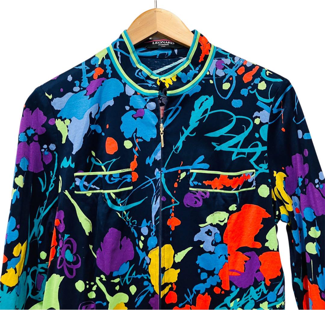 LEONARD FASHION レオナール マルチカラー ジップアップ カーデ