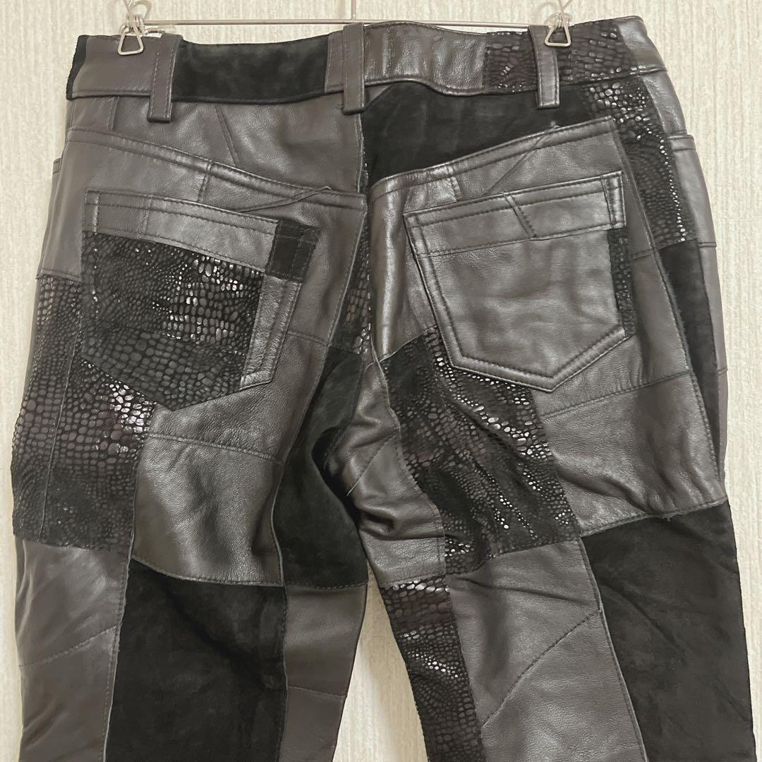 ブラックレザーパッチワークパンツ S