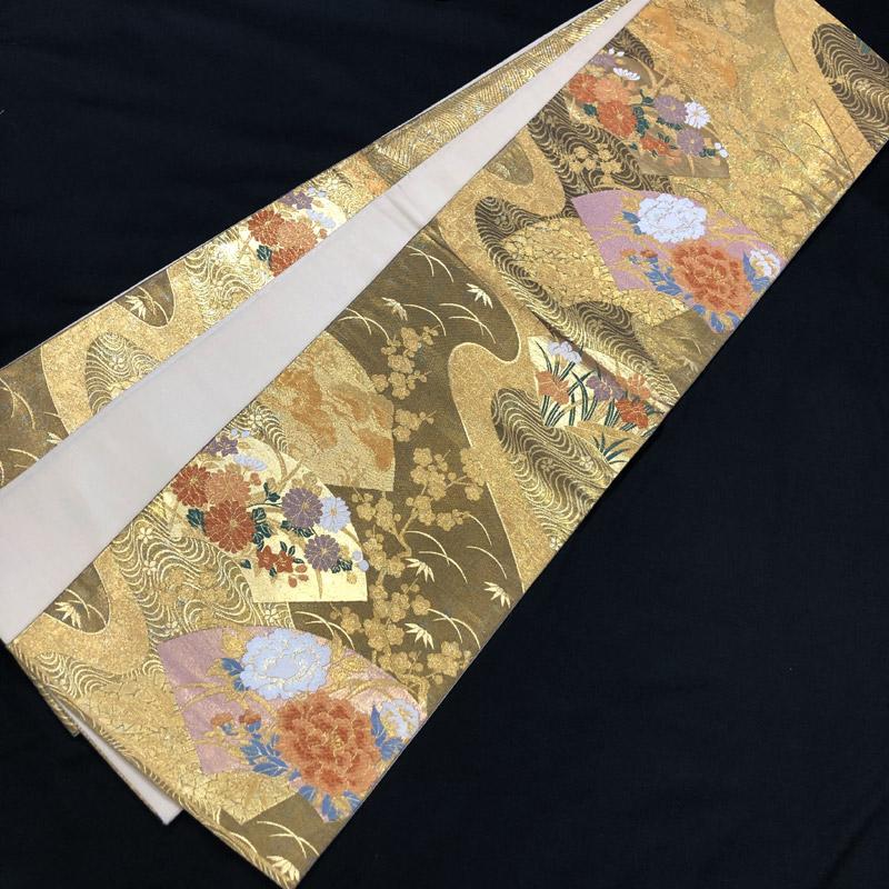 407my26▽袋帯 唐織 牡丹 菊 菖蒲 六通 金糸 銀糸▽美品