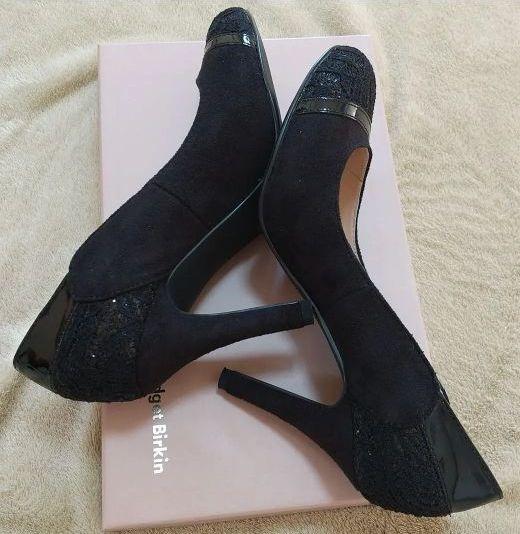 エナメルな☝ 美品 切替 黒パンプス ヒール Cy9TU-m89158259681 BridgetBirkin グリッター レース パーティー