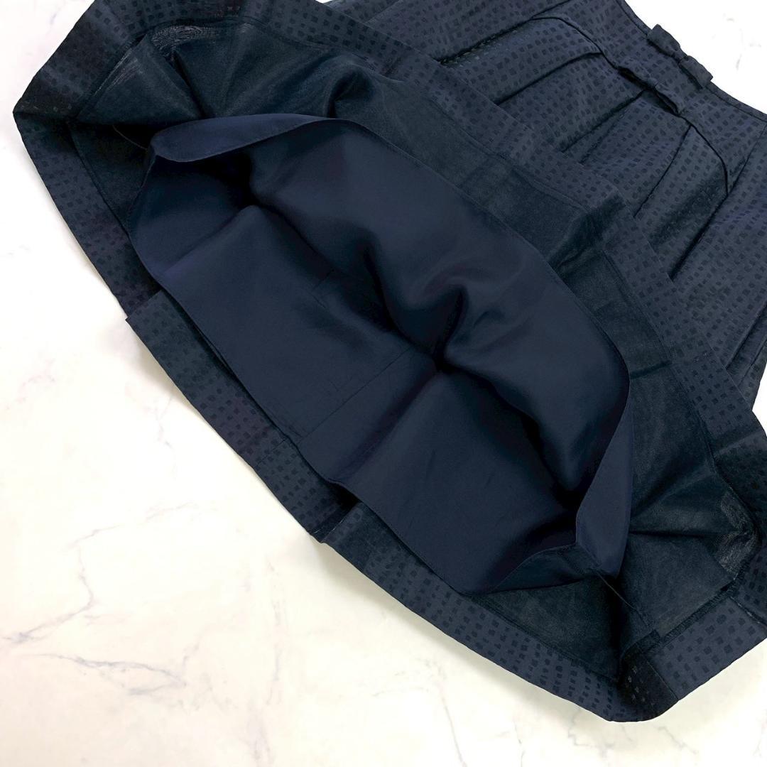 美品★Rene スカート リネン リボン タック フレア 紺 36　D278