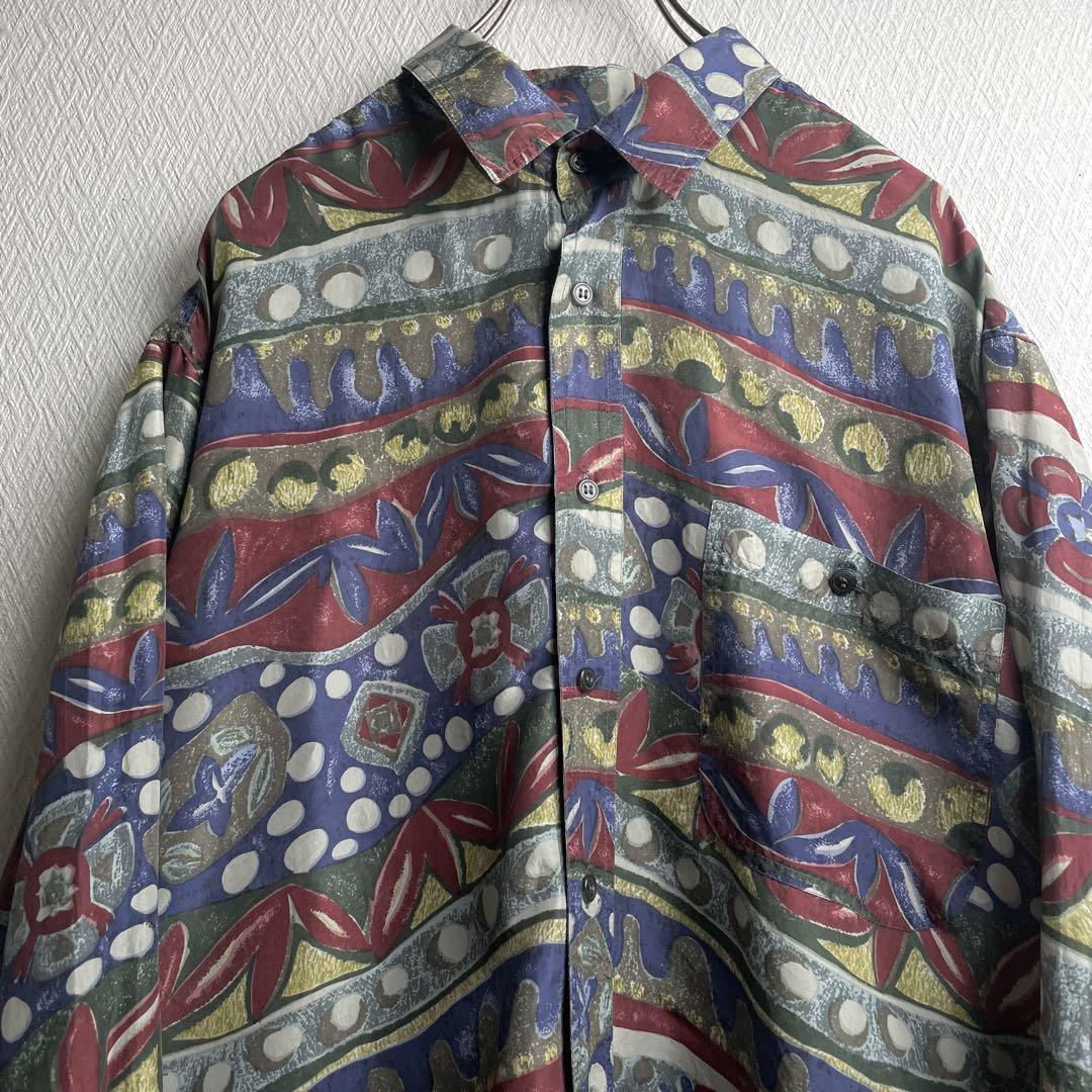 古着 レトロ シャツ 総柄 柄シャツ ガラシャツ 長袖