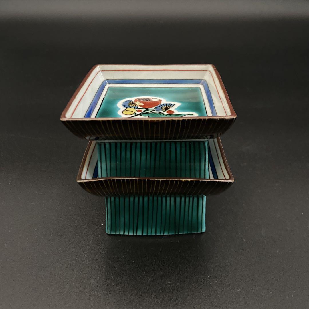 九谷焼 色絵 高台付小皿 角皿 2客 7cm 珍味入 日本料理 料亭 割烹 懐石